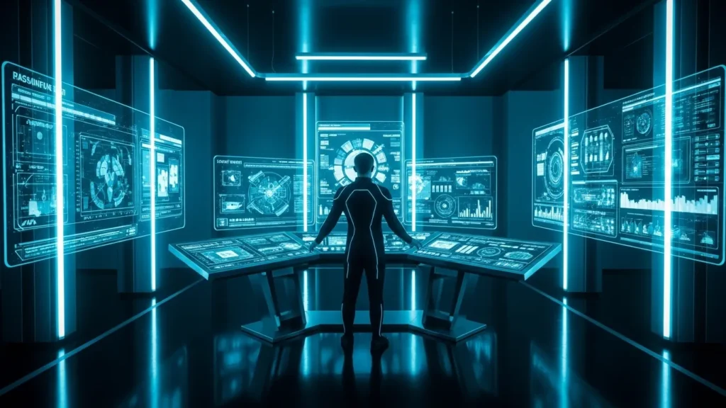 Un paisaje futurista con luces eléctricas azules y pantallas de cristal brillantes, símbolo de innovación, aire fijo y visión colectiva.