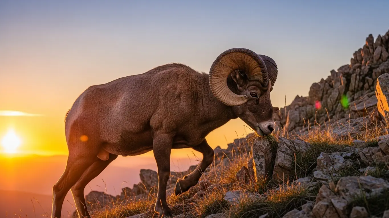 Paisaje arido. Un carnero al amanecer que simboliza el impulso y el inicio de Aries, signo cardinal de fuego.