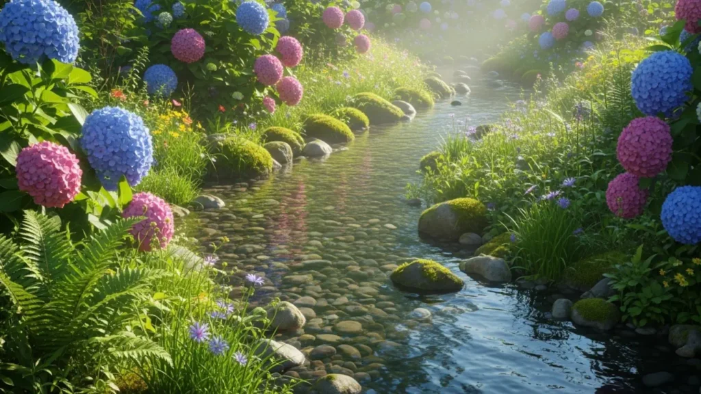 Río fértil rodeado de plantas y hortensias, símbolo de la nutrición, la protección y la energía cardinal del agua.