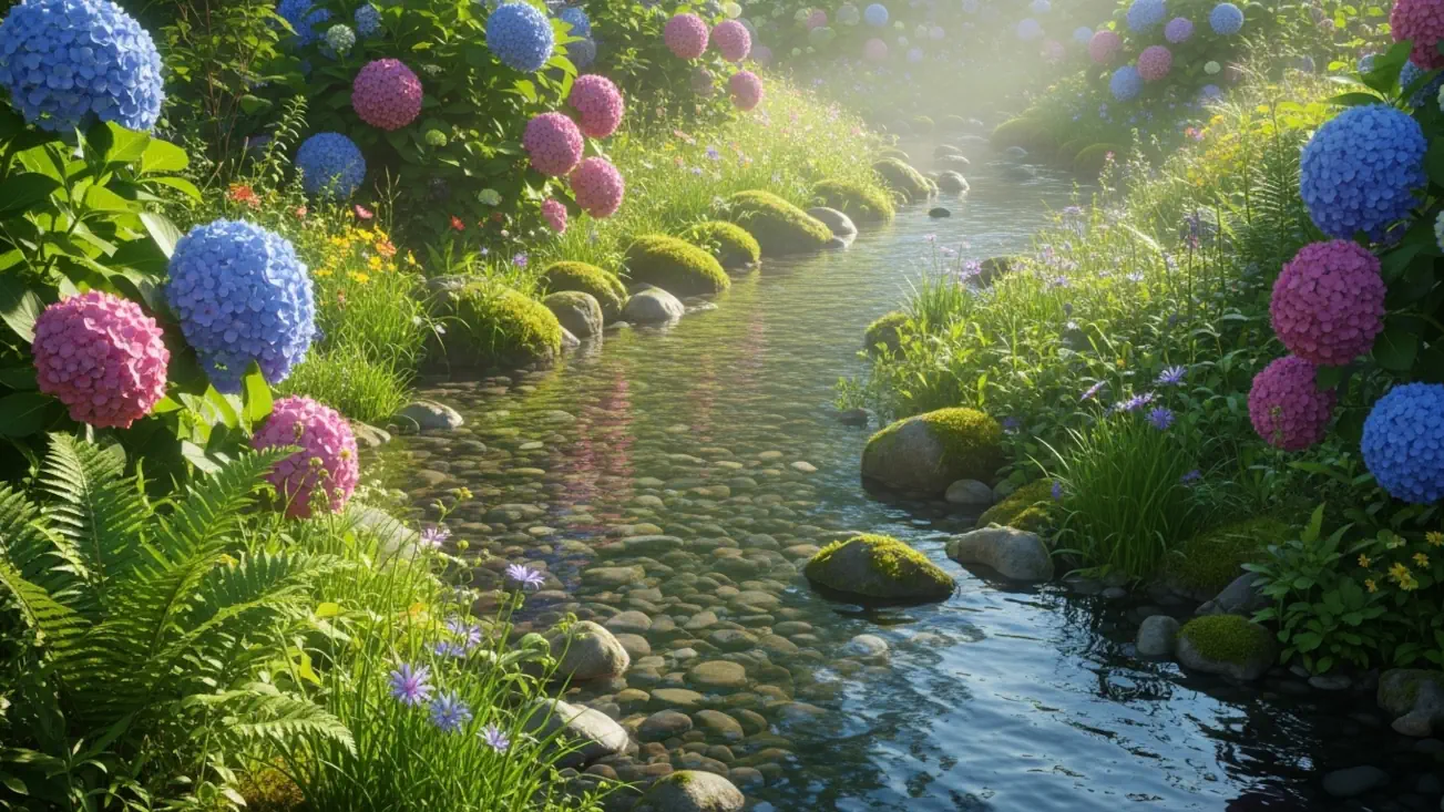 Río fértil rodeado de plantas y hortensias, símbolo de la nutrición, la protección y la energía cardinal del agua.