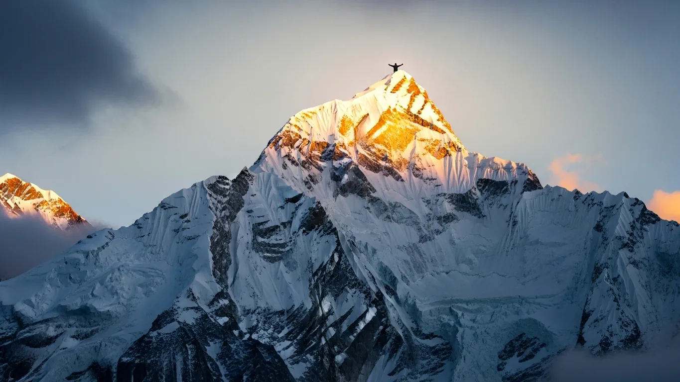 Una montaña nevada con una cima iluminada por el sol, símbolo de perseverancia, disciplina y tierra cardinal.