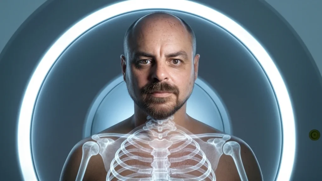 Radiografía simbólica del Ascendente en la Casa 1, mostrando rostro humano y esqueleto como representación de la identidad física y la carta natal.