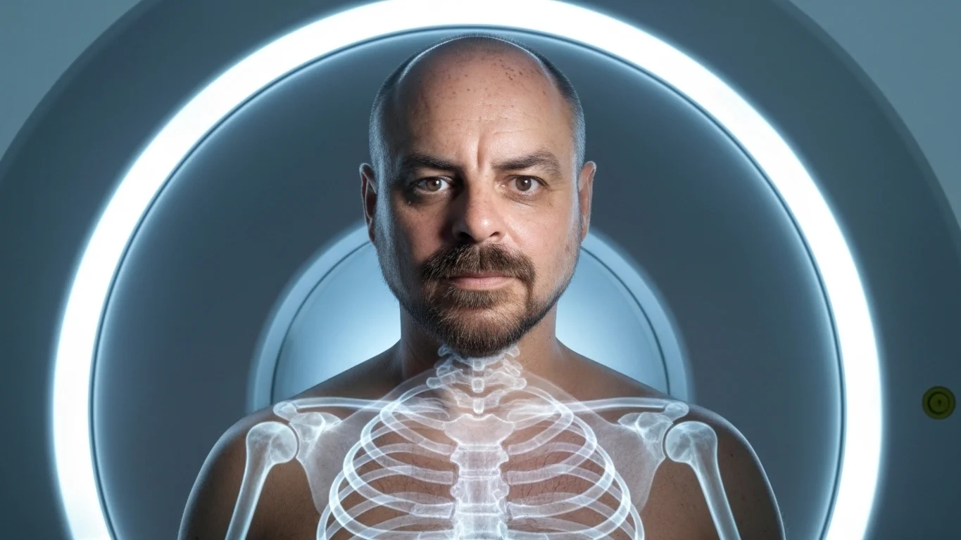 Radiografía simbólica del Ascendente en la Casa 1, mostrando rostro humano y esqueleto como representación de la identidad física y la carta natal.