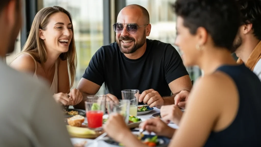 Un círculo de personas en un almuerzo, riendo, simbolizando comunidad, unión y sueños colectivos.