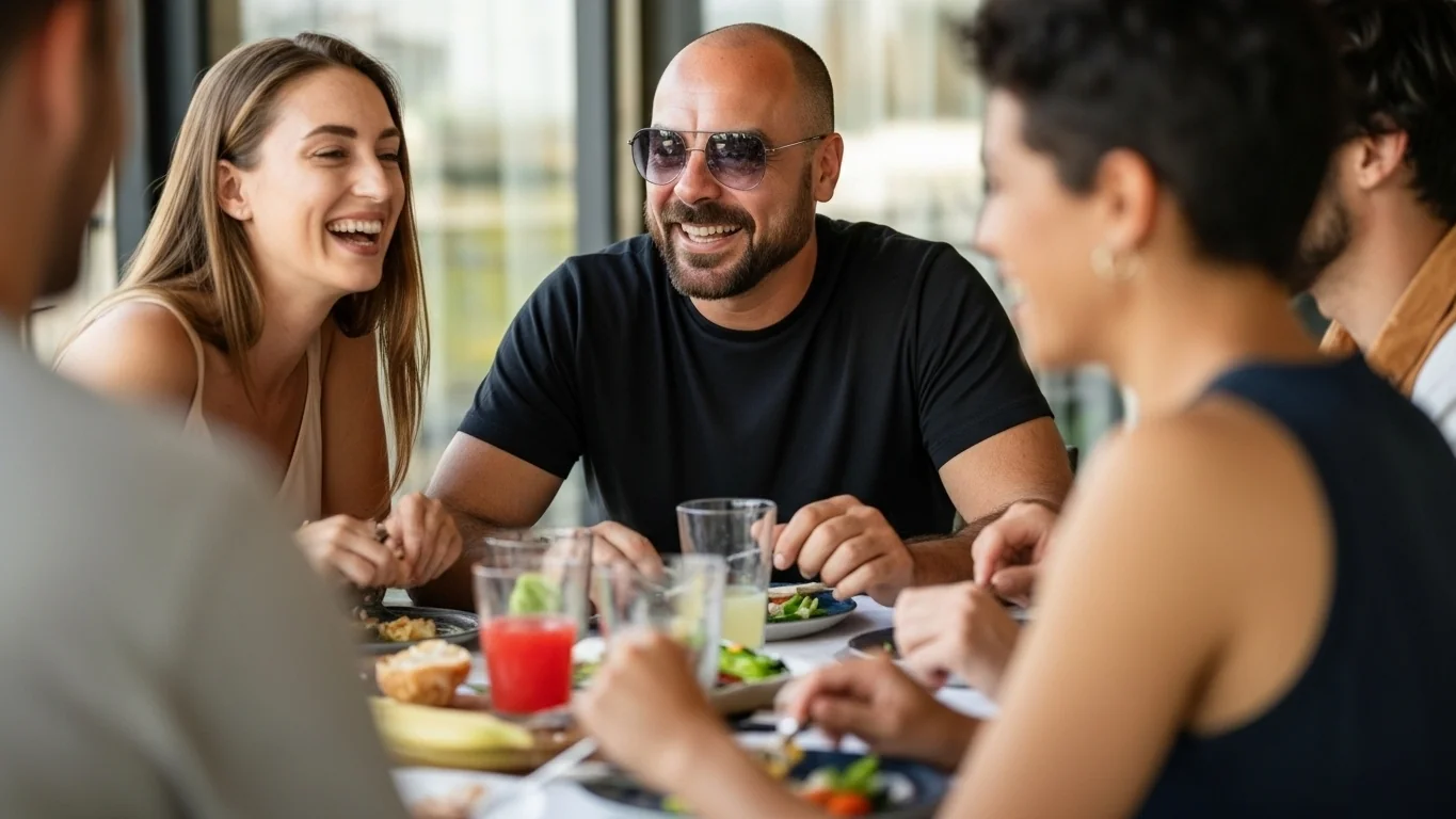 Un círculo de personas en un almuerzo, riendo, simbolizando comunidad, unión y sueños colectivos.