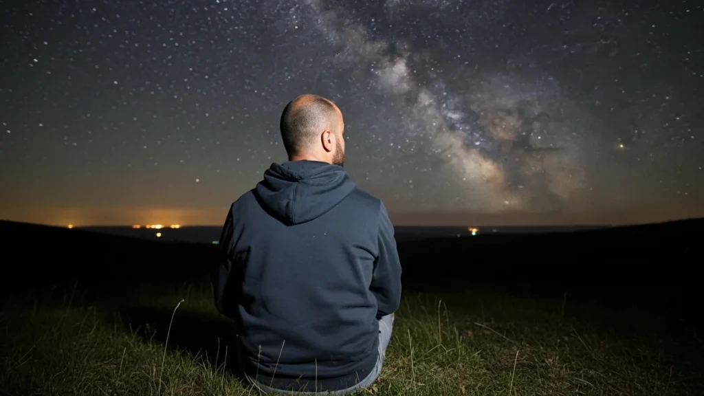 Una persona de espaldas, en lo alto de una montaña, mirando un horizonte inmenso donde el cielo y la tierra se encuentran. El gesto transmite preguntas, búsqueda y asombro.