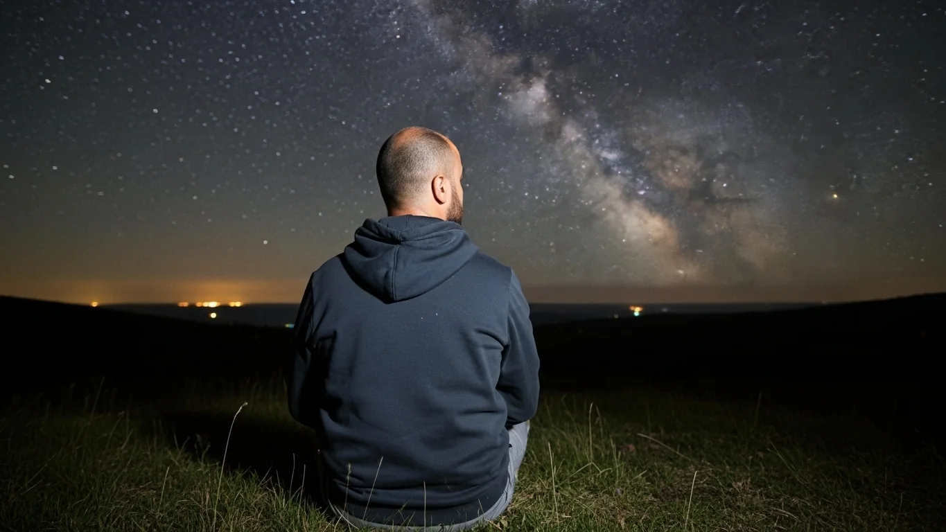 Una persona de espaldas, en lo alto de una montaña, mirando un horizonte inmenso donde el cielo y la tierra se encuentran. El gesto transmite preguntas, búsqueda y asombro.
