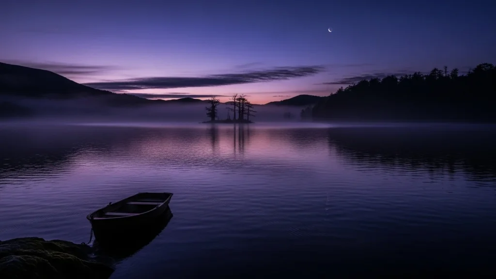 Un lago oscuro iluminado por el resplandor de la noche, símbolo de transformación, misterio y profundidad emocional.