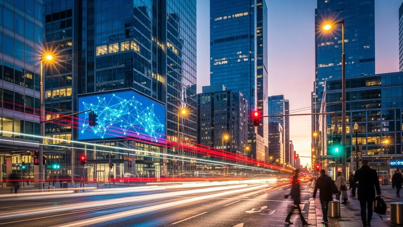 Ciudad moderna en movimiento con luces y tránsito que simboliza la dualidad y la energía mutable del aire.