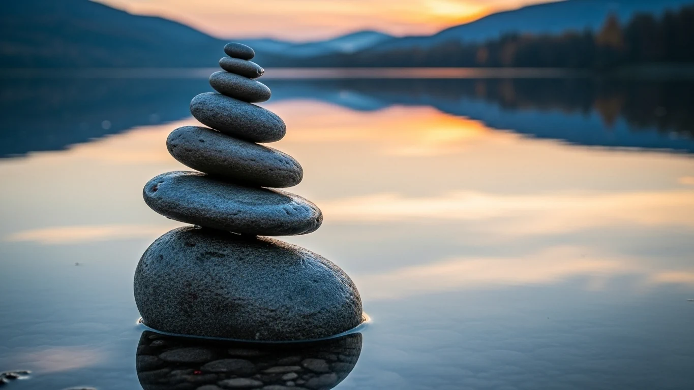 Piedras apiladas en perfecto equilibrio junto a un lago tranquilo, símbolo de armonía, justicia y aire cardinal.