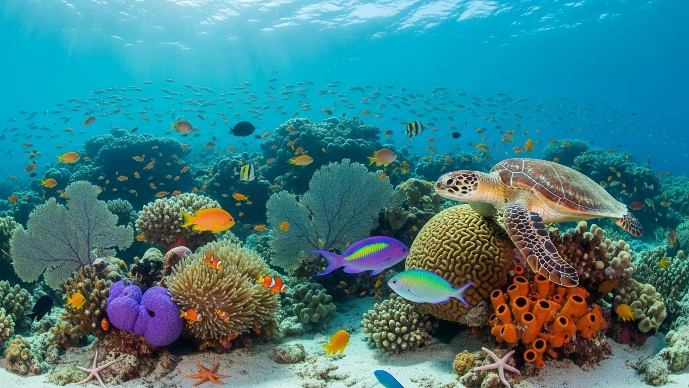 Un arrecife de coral colorido bajo el mar, con peces nadando entre aguas cristalinas, símbolo de sensibilidad, disolución y agua mutable.