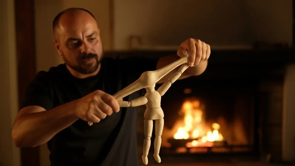 Una persona manipulando una figura de plastilina junto a un hogar a leña, simbolizando la fuerza de manipulación transformación de Plutón en la carta natal.