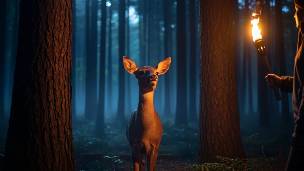 Un joven ciervo curioso iluminado por la luz de una antorcha en un bosque nocturno, símbolo de exploración, aventura y fuego mutable.