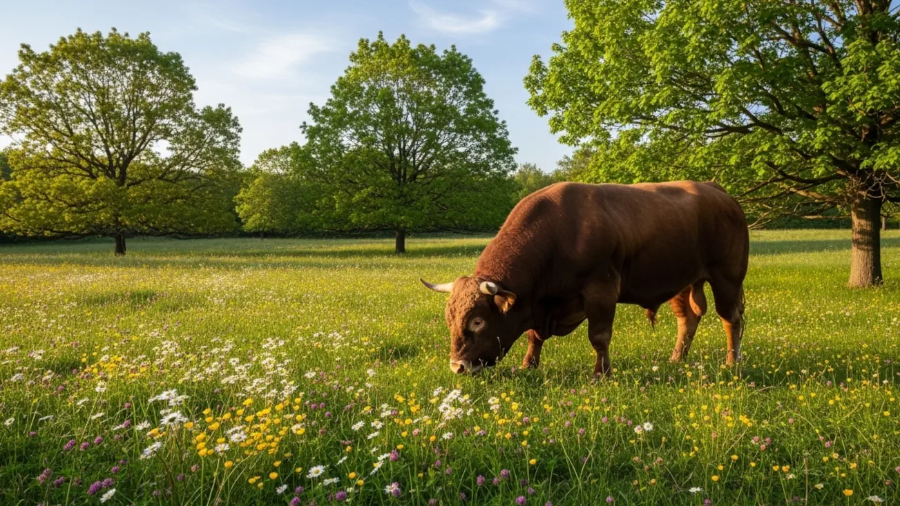 Prado fértil con flores y abundancia natural que representa la estabilidad y la energía de Tauro, signo fijo de tierra.