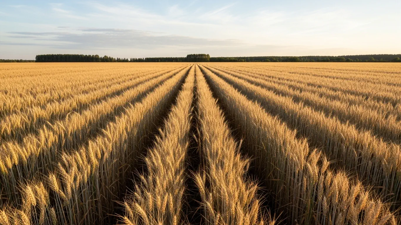Un campo de trigo perfectamente ordenado, símbolo de precisión, cosecha y energía mutable de tierra.