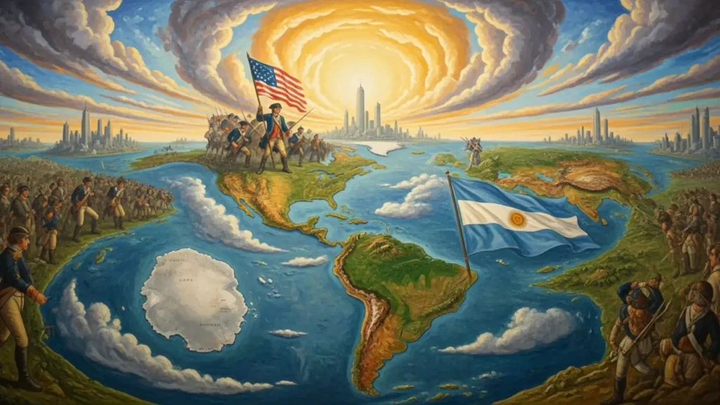 El ciclo Saturno Neptuno representado sobre el mapa de América con faros de luz histórica.