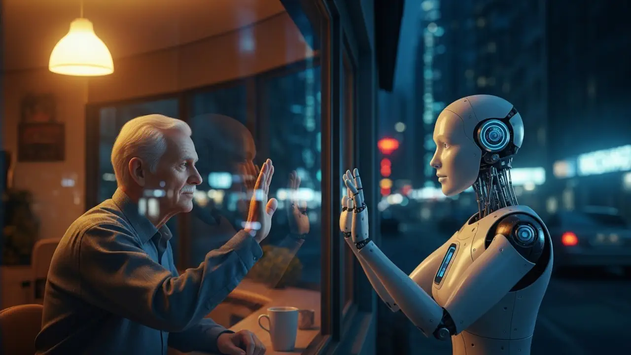 Un hombre y un robot apoyan sus manos en un vidrio, mirándose a los ojos en una ciudad futurista: símbolo del encuentro entre humanidad y tecnología durante el tránsito de Plutón en Acuario.