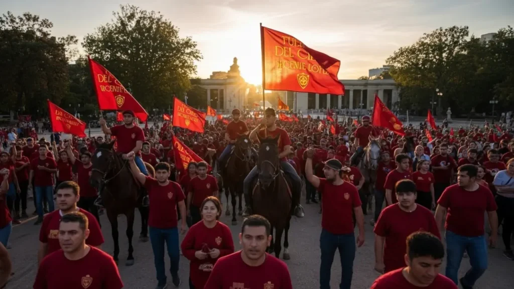 Sol Invictus reflejándose en el horizonte como símbolo de la luz que nunca muere. Multitud anónima con estandartes avanzando hacia un Sol naciente, símbolo del arquetipo solar y del poder unificado.