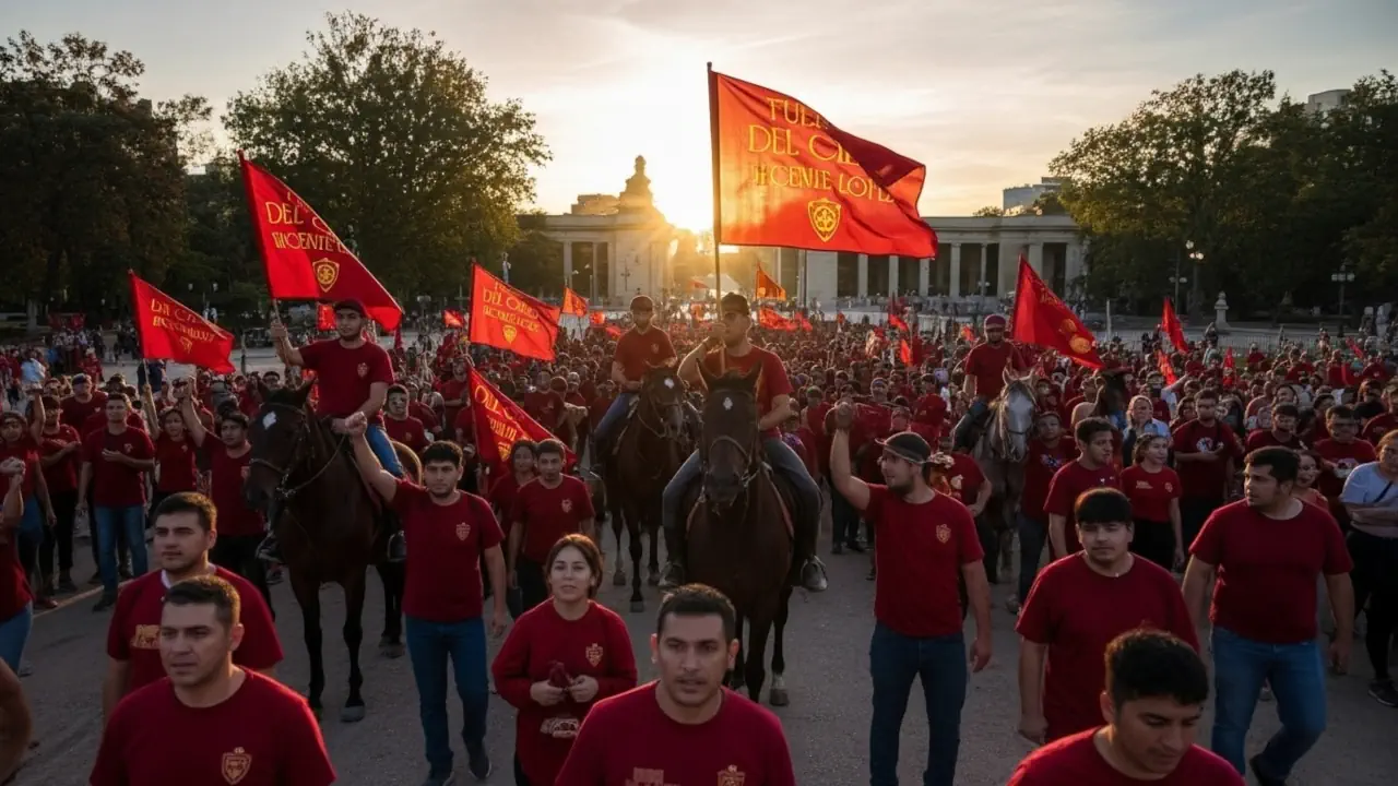 Sol Invictus reflejándose en el horizonte como símbolo de la luz que nunca muere. Multitud anónima con estandartes avanzando hacia un Sol naciente, símbolo del arquetipo solar y del poder unificado.