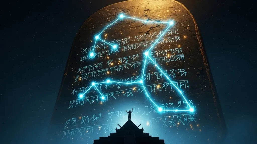 Representación artística de una tablilla de arcilla cósmica con escritura cuneiforme brillante en azul cian y dorado sobre el cielo nocturno de Babilonia.