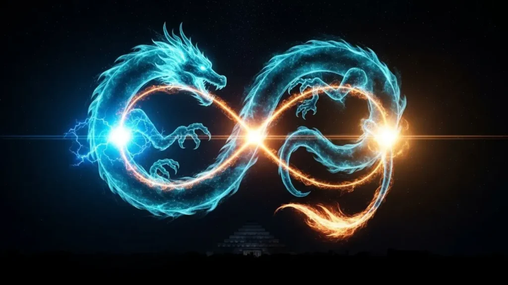 Infografía artística de un dragón de energía cian formando el símbolo del infinito en el cielo, marcando los nodos lunares sobre un Zigurat babilónico.