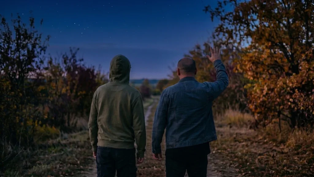 Astrólogo caminando en compañía al anochecer reflexionando sobre el ritual de la madriguera en el equinoccio de otoño.